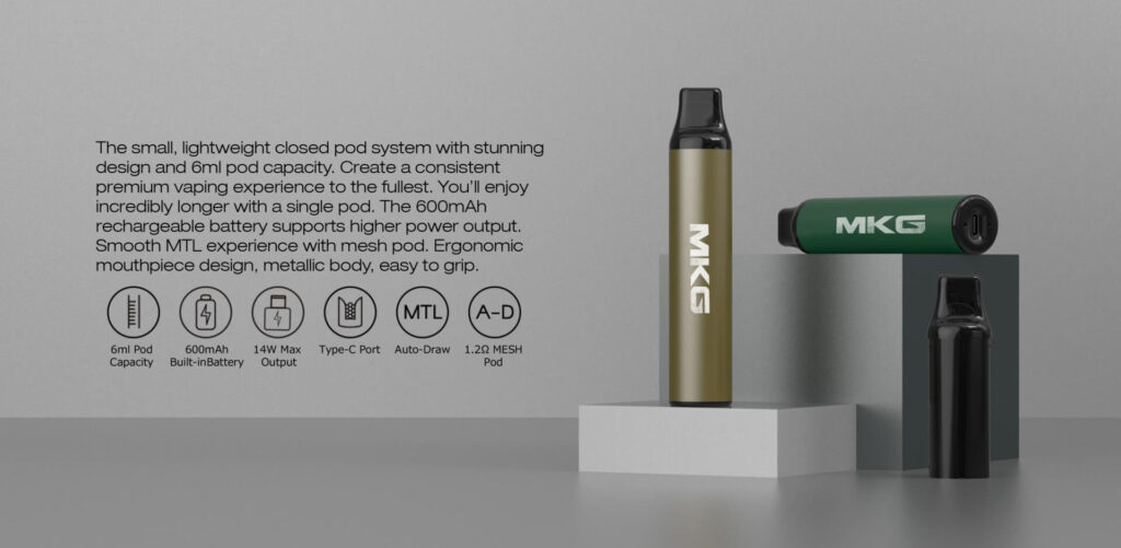 mkg pod system 6ml Pod e-cigarette with pre-filled Pods. Choose one of our cheap pod systems: 8 flavors and nicotine salt e-liquid. Strong 400mAh battery for a powerful vape .