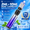 Discover a modern dual-tank vape device designed for professional vape distributors, wholesalers, importers, and private-label brands. Featuring a distinctive 2ml + 10ml dual-tank configuration, a sleek metallic-finish body, and a transparent tank design, this device combines contemporary aesthetics with a distinctive product structure